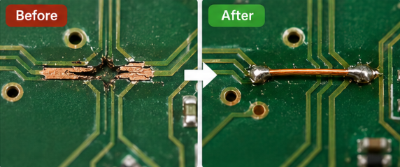 Comparison images of PCB trace repairs
