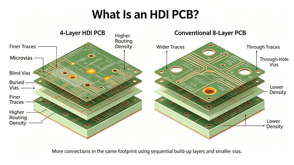 HDI PCB layer structure diagram: microvias and buried vias vs conventional through-hole PCB