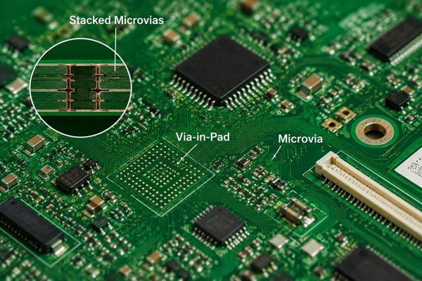 Close up HDI PCB showing microvia connections used in compact electronic circuit design