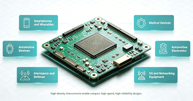 HDI PCB technology multi-industry application infographic