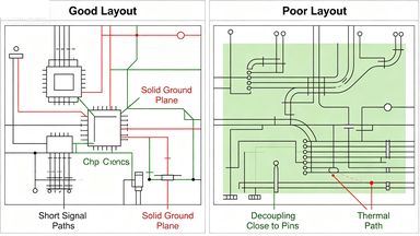 Good and bad amplifier PCB layout design with signal routing and grounding