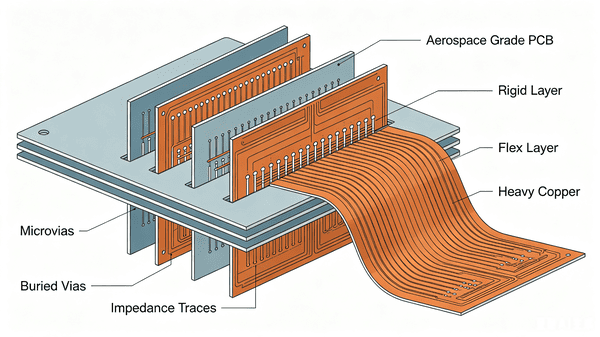 Multilayer rigid?flex heavy?copper microvia aerospace PCB stack?up