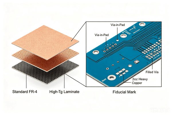High Tg laminate heavy copper filled via fiducial marks for automotive pcb