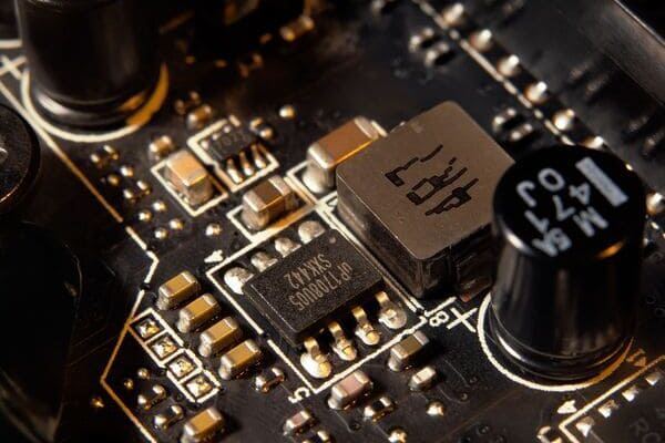 Detailed shot of automotive printed circuit board with surface?mount electronic parts