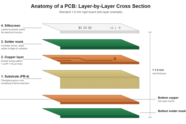 Cross-section diagram of a PCB showing four layers: FR-4 substrate, copper layer, solder mask, and silkscreen