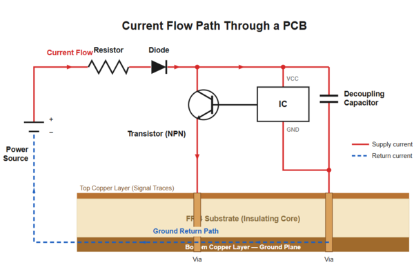 Diagram showing supply and return current flow path through a PCB, from power source through resistor, diode, and transistor, returning via ground plane