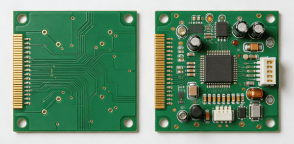 Overhead shot of blank FR?4 PCB and assembled PCBA on plain white background with studio soft lighting