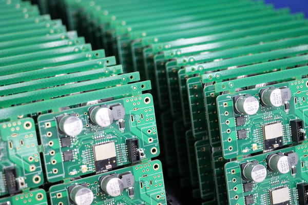 Neatly stacked batch of finished FR?4 PCBA boards mounted with capacitors IC chips and connectors after SMT assembly for mass?delivery