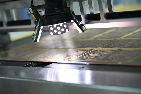 AOI camera with LED lighting scanning bare FR?4 PCB board to detect open?circuit and short?circuit defects during PCB production