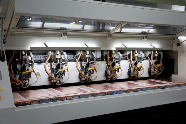 Multi?head CNC routing equipment cutting and depaneling copper?clad PCB panels to separate individual circuit boards in a PCB manufacturing factory