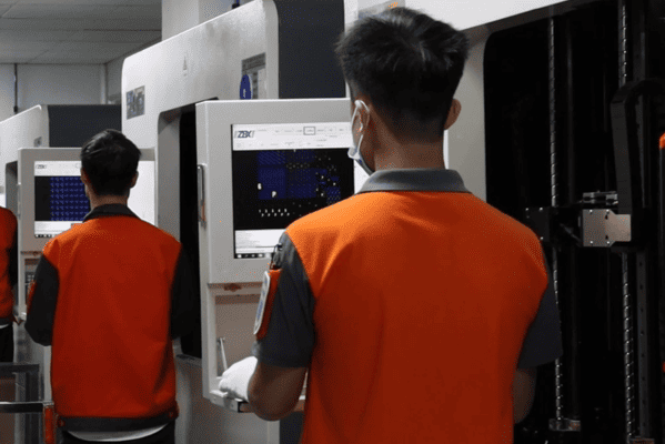 PCbgogo factory workers monitor flying?probe tester equipment to perform electrical continuity and insulation testing for finished?layer PCB panels in PCB manufacturing workshop
