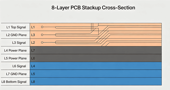8-Layer PCB stackup cross section schematic