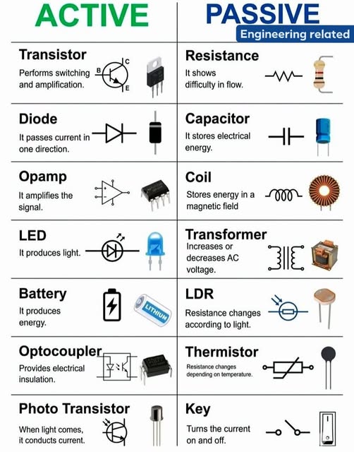 Active vs passive electronic components comparison schematic diagram with symbols and functions