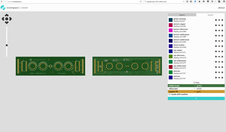 Tracespace open-source browser Gerber viewer showing 2-sided PCB render with layer toggle menu