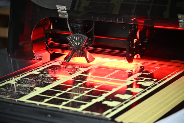 PCBgogo AOI automated optical inspection machine checking PCB circuit traces for defects closeup