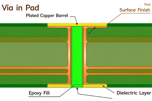 PCB via in pad cross-section diagram, showing plated copper barrel, epoxy filling, pad, surface finish and multi-layer dielectric structure