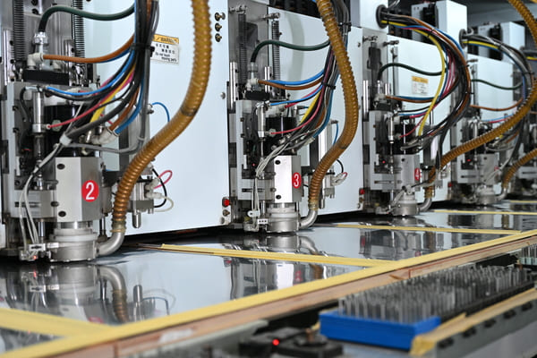 CNC PCB mechanical drilling machine in factory workshop, automated printed circuit board fabrication equipment