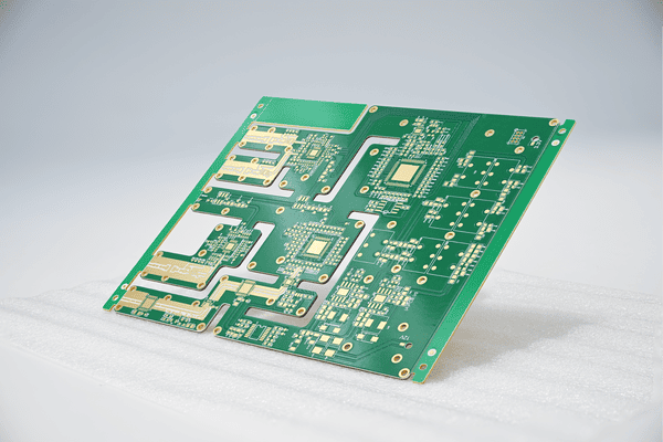 Green high frequency PCB board with gold pads, multi-circuit split panel for RF electronics