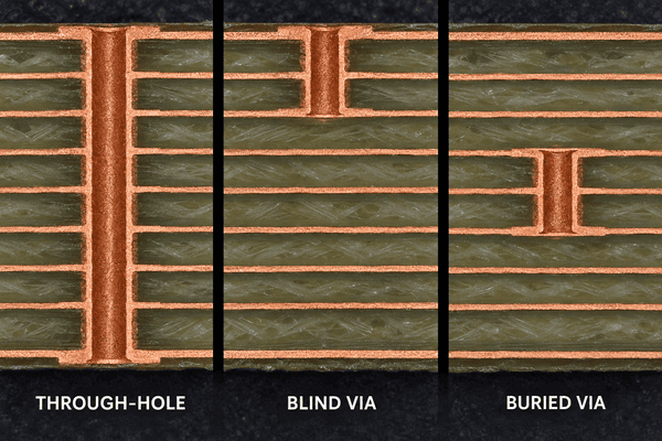 PCB cross-section showing through-hole, blind via and buried via copper interconnects