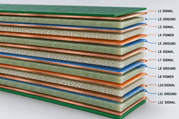 12-layer PCB stackup diagram, L1/L3/L6/L7/L10/L12 signal layers, L2/L5/L8/L11 ground planes, L4/L9 power planes